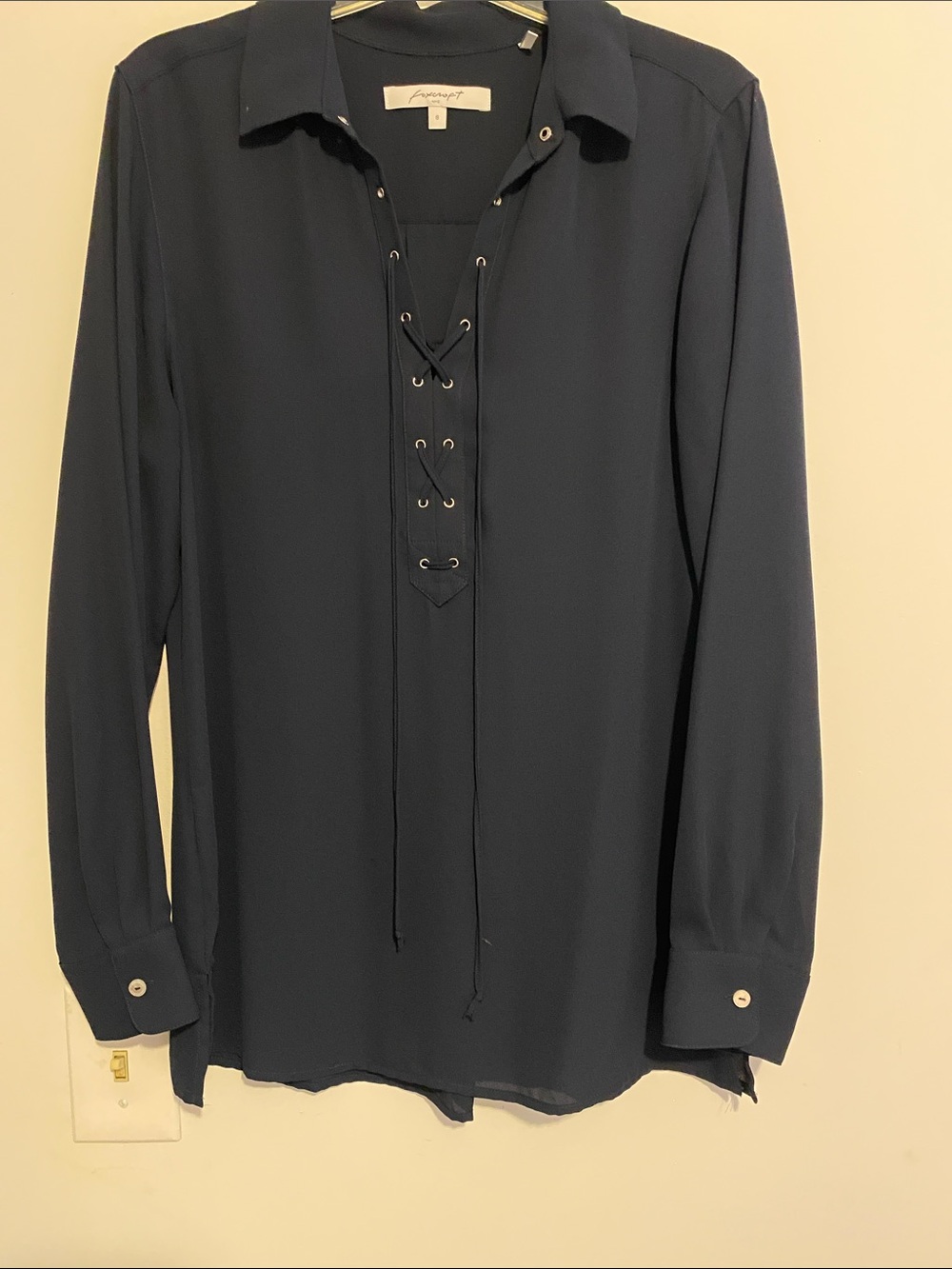 Foxcroft Navy Lace-Up V-Neck Long Sleeve Blouse